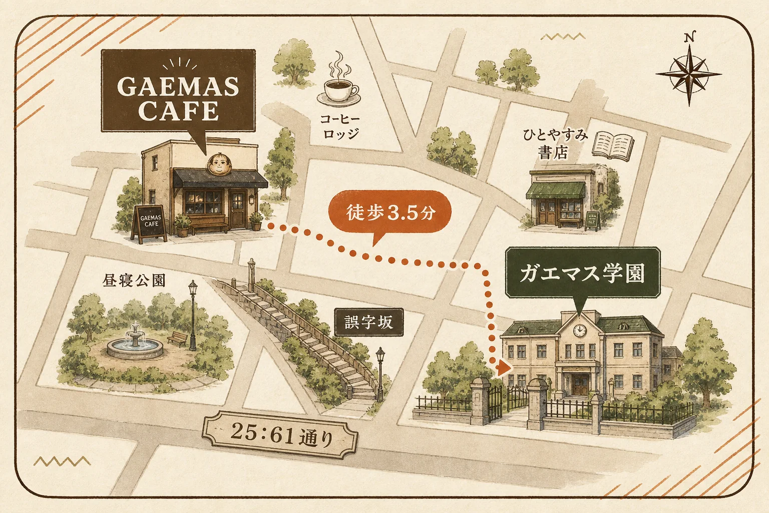 GAEMAS CAFEとガエマス学園の位置を示す架空の地図